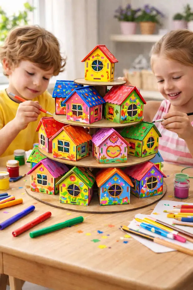 Koreamind - Boyanabilir Mini Ahşap Ev Seti – Eğitici Etkinlik ve Dekor Oyunu