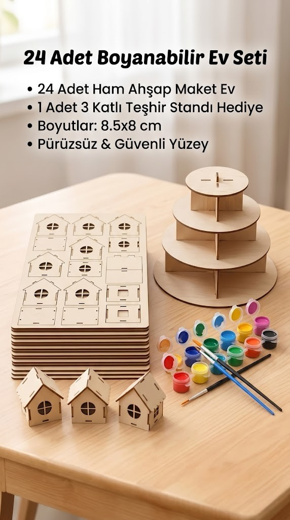 Koreamind - Boyanabilir Mini Ahşap Ev Seti – Eğitici Etkinlik ve Dekor Oyunu