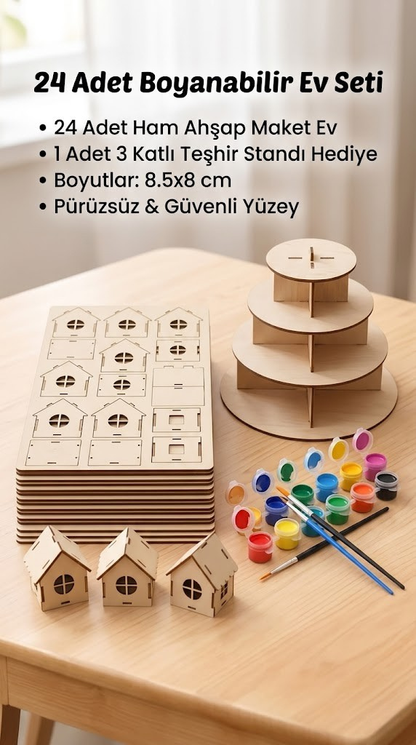 Koreamind - Boyanabilir Mini Ahşap Ev Seti – Eğitici Etkinlik ve Dekor Oyunu