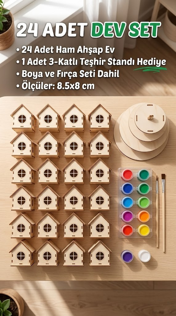 Koreamind - Boyanabilir Mini Ahşap Ev Seti – Eğitici Etkinlik ve Dekor Oyunu