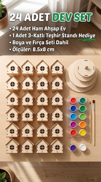 Koreamind - Boyanabilir Mini Ahşap Ev Seti – Eğitici Etkinlik ve Dekor Oyunu