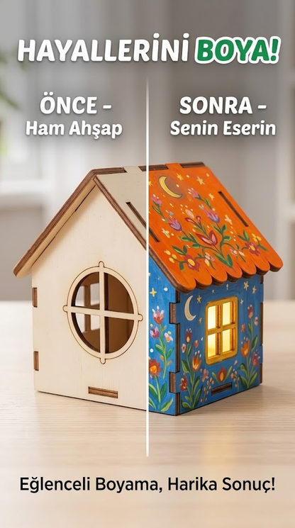 Koreamind - Boyanabilir Mini Ahşap Ev Seti – Eğitici Etkinlik ve Dekor Oyunu